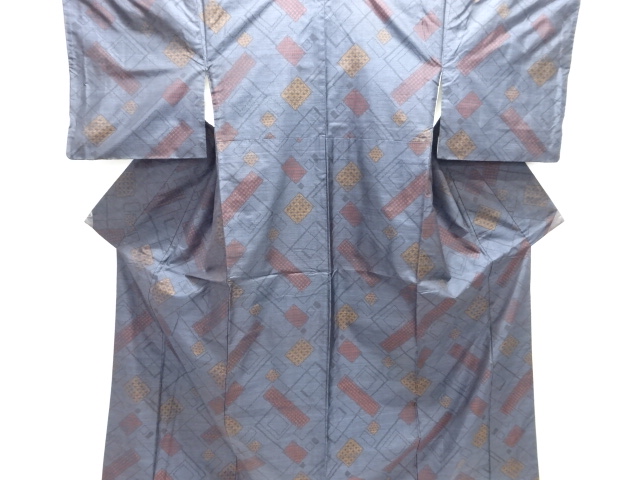 JAPANESE KIMONO / SILK / DORO OSHIMA TSUMUGI / WOVEN GEOMETRIC PATTERN